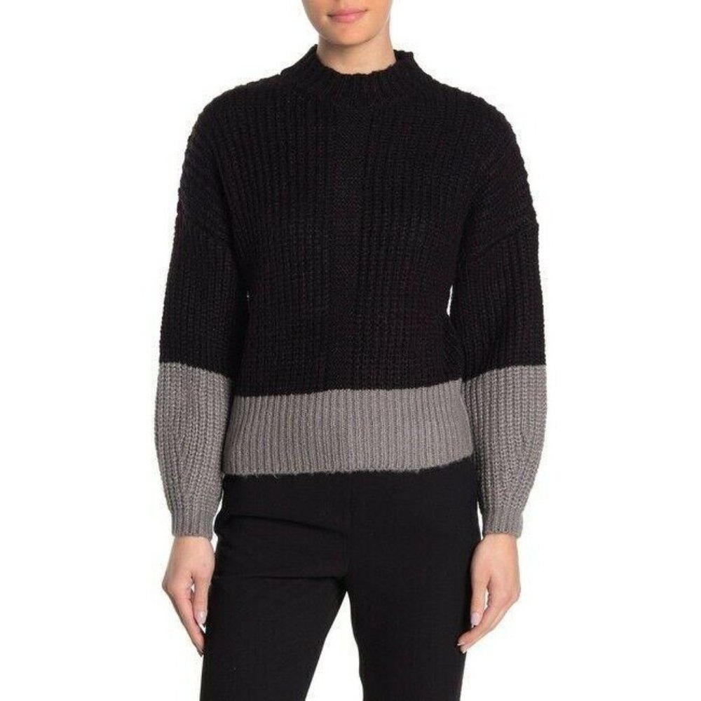 ^ Elodie Women's Large Colorblock Black Grey Mock Neck Sweater